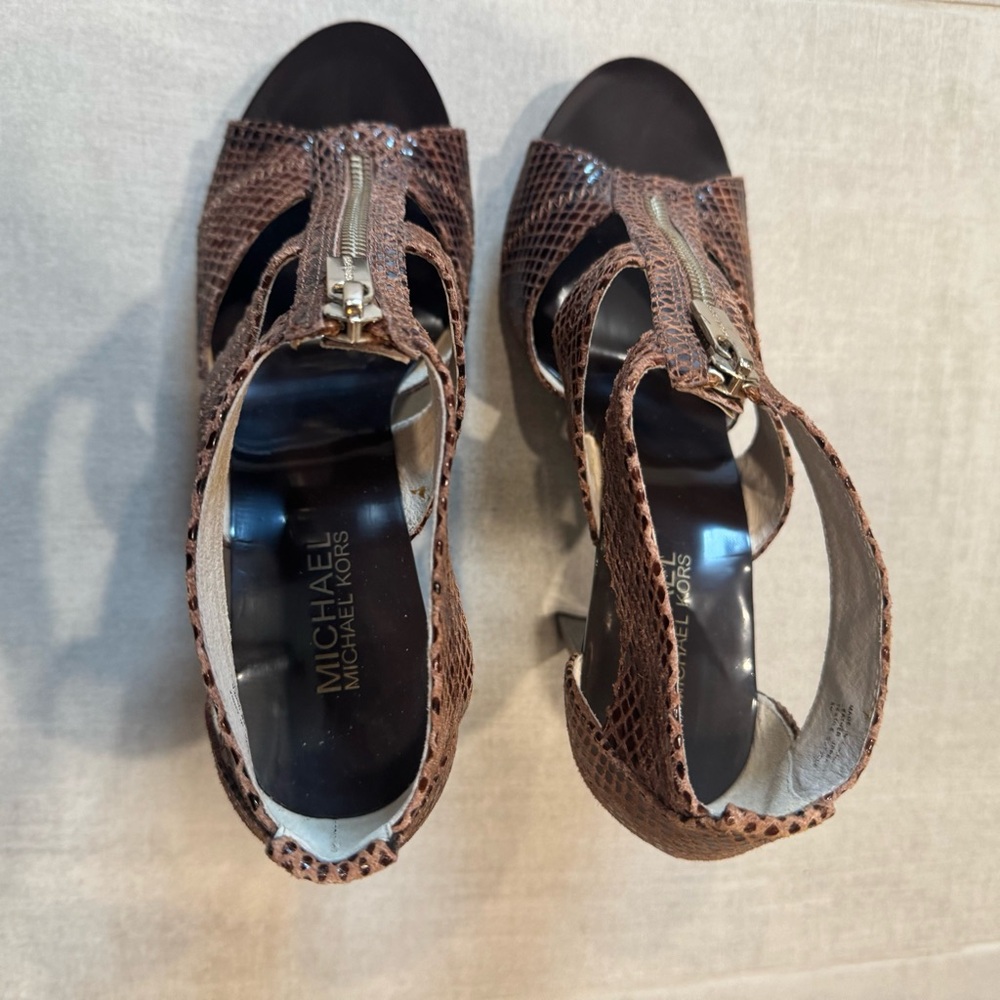 Michael Kors Snakeskin Leather/ Textile outsole/ 4" Heels/ Zipper Up Sandal - Picture 6 of 11